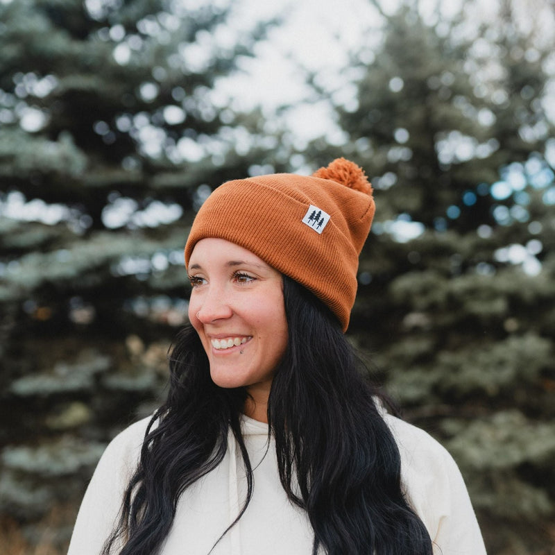 Three Tree Foldover Pom Beanie - Brown