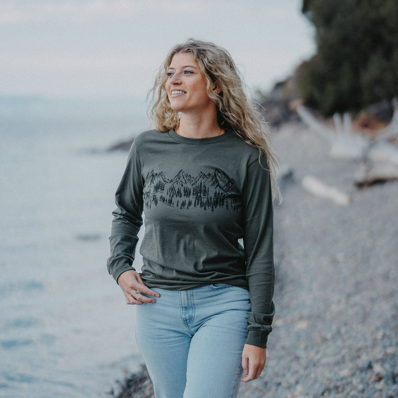 Mountain Sketch Unisex Long Sleeve - Military Green - The Montana Scene