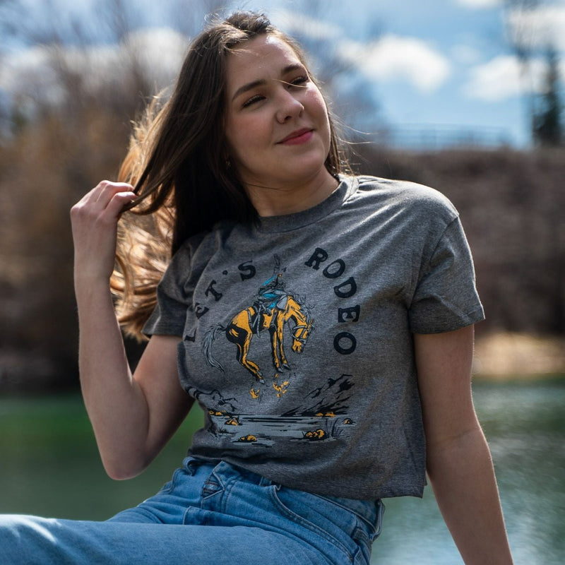 Let's Rodeo Ladies Crop Tee - Dark Heather Grey - The Montana Scene