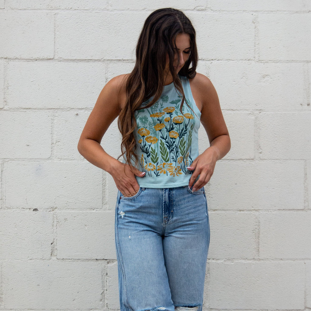 Wild Field Ladies Crop Tank - Dusty Blue - The Montana Scene