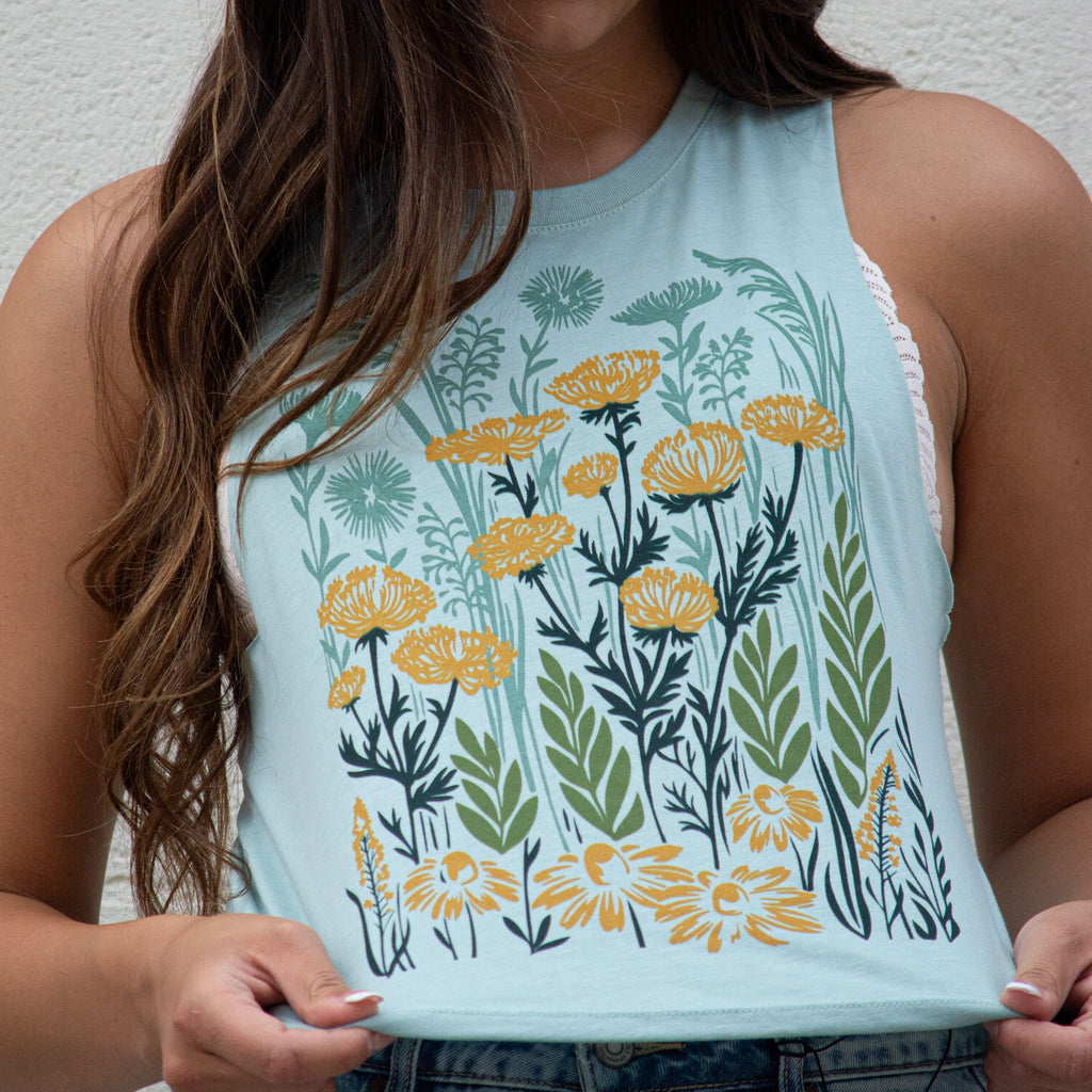 Wild Field Ladies Crop Tank - Dusty Blue - The Montana Scene