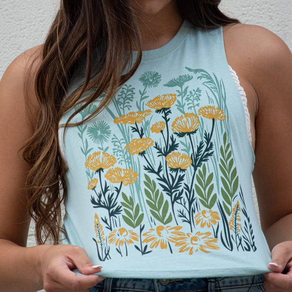 Wild Field Ladies Crop Tank - Dusty Blue - The Montana Scene