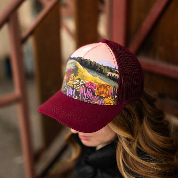 Wildflower Field Unisex Trucker - Maroon - The Montana Scene