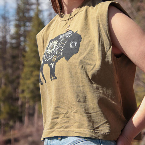 Floral Bison Ladies Muscle Tee - Faded Army - The Montana Scene