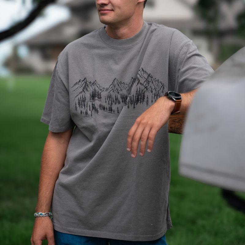 Mountain Sketch Mens/Unisex Tee - Faded Grey- Discontinued