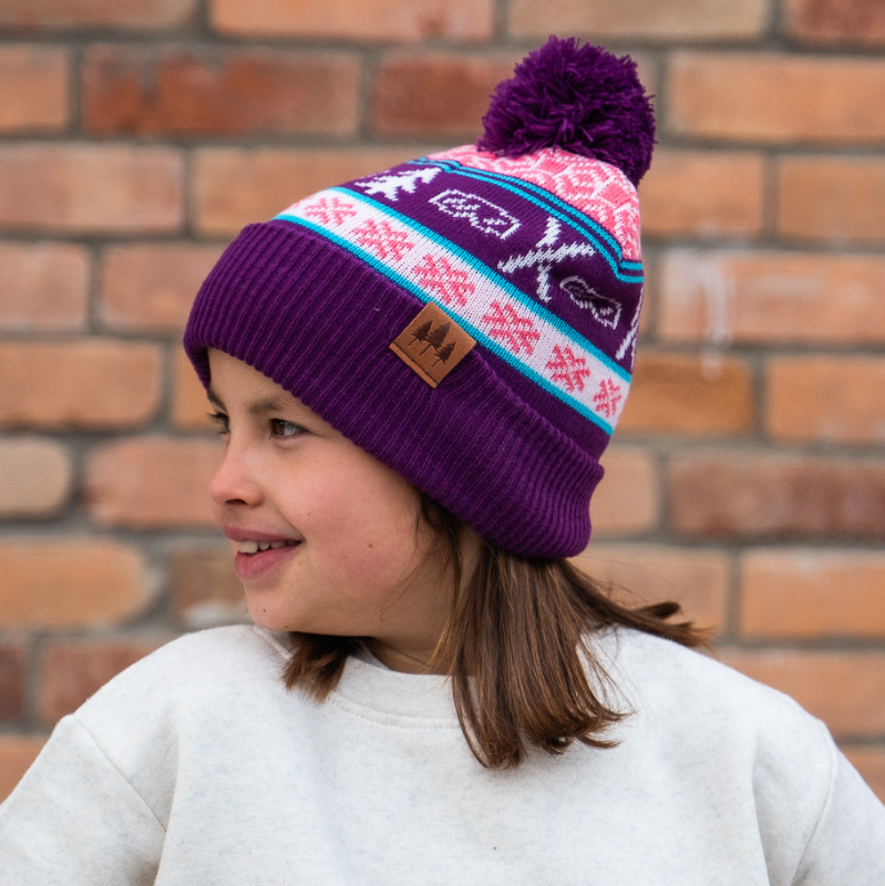 Pine & Powder Kids Pom Beanie - Purple/Green - The Montana Scene