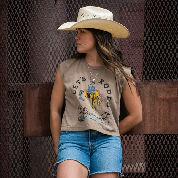 Let's Rodeo Muscle Tee - Faded Brown - Ladies - The Montana Scene
