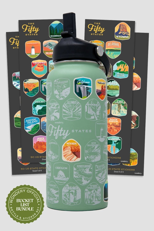 Fifty States Bucket List Water Bottle 32oz - Cream/Sage