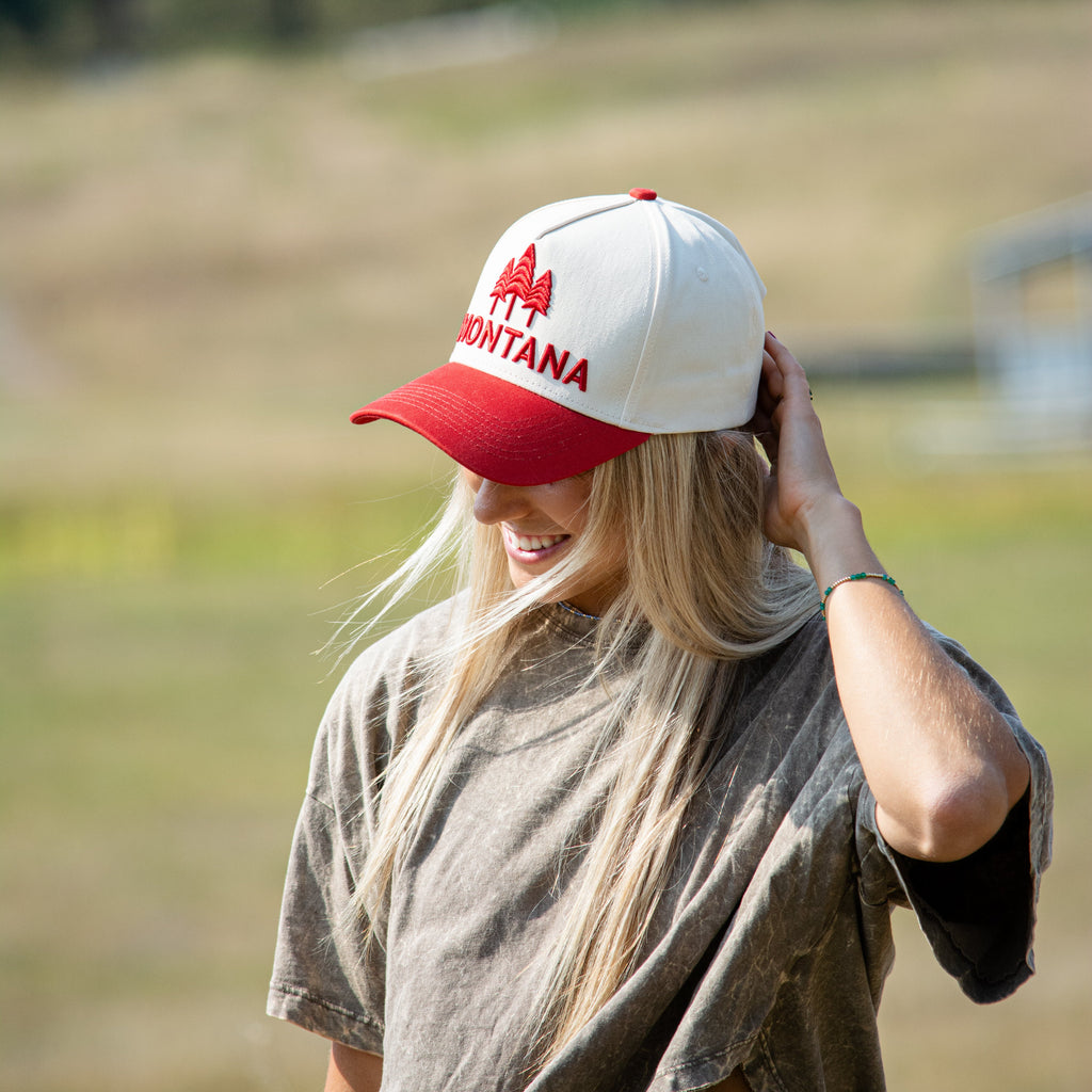 Montana Three Tree Embroidered Trucker - Vintage Red - The Montana Scene