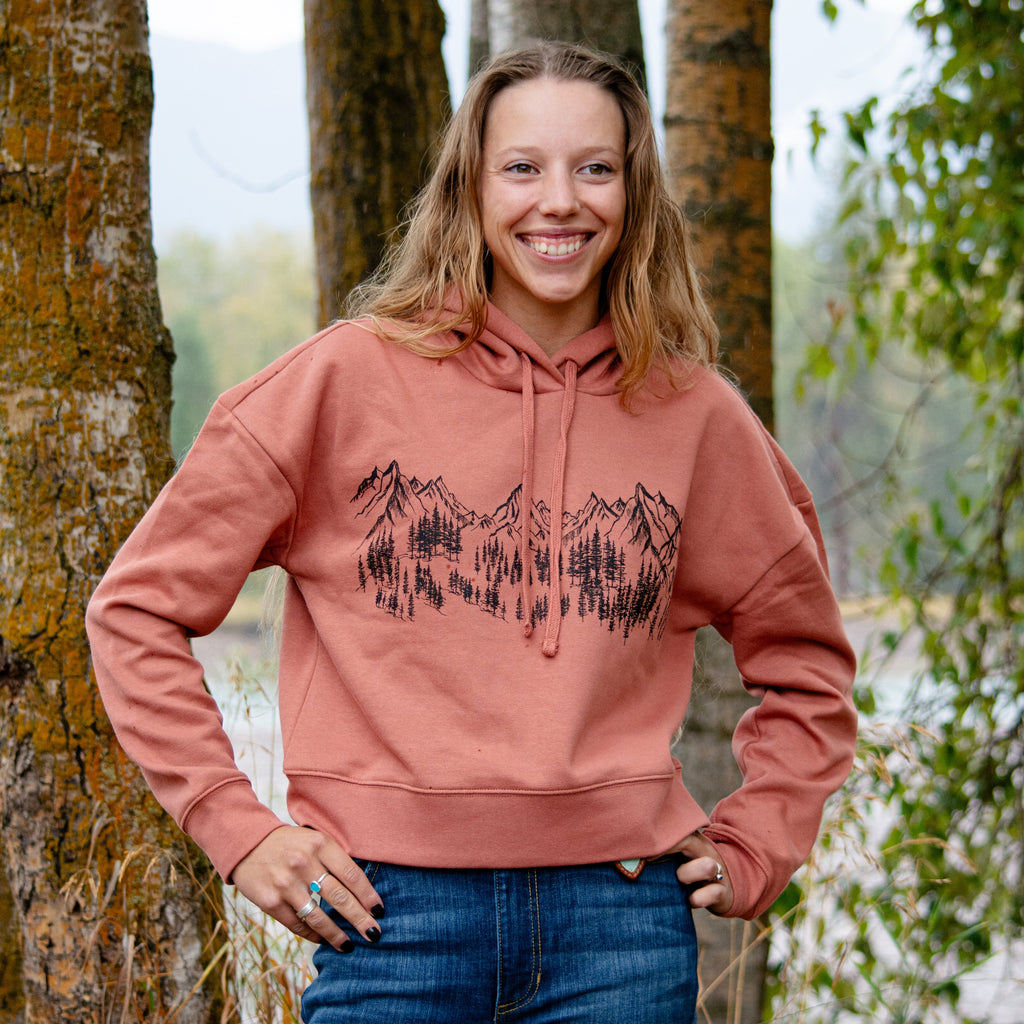 Mountain Sketch Ladies Crop Hoodie - Desert Rose - The Montana Scene