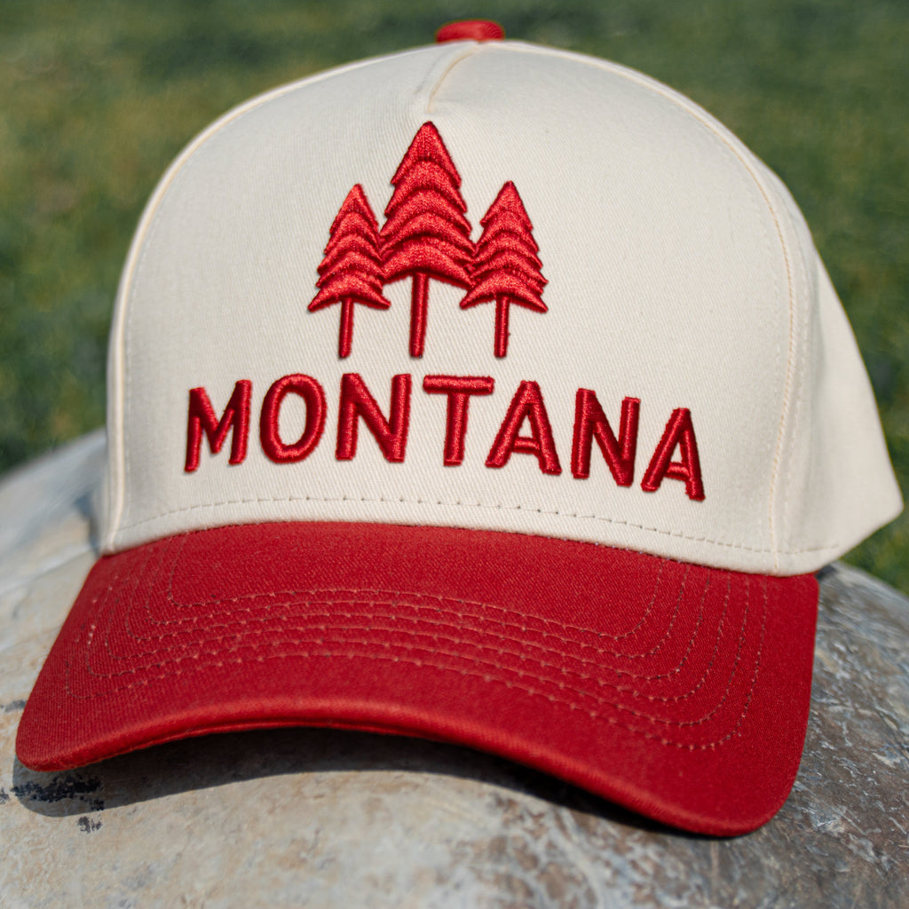 Montana Three Tree Embroidered Trucker - Vintage Red - The Montana Scene