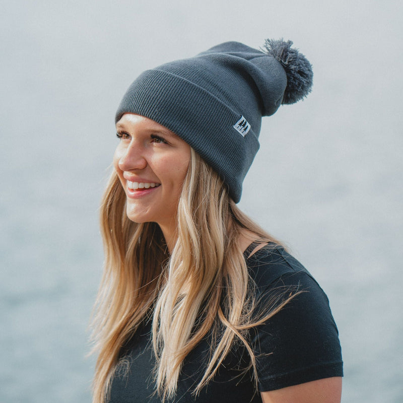 Three Tree Foldover Pom Beanie - Steel