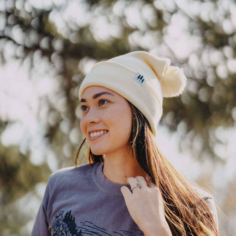 Three Tree Foldover Pom Beanie - Cream
