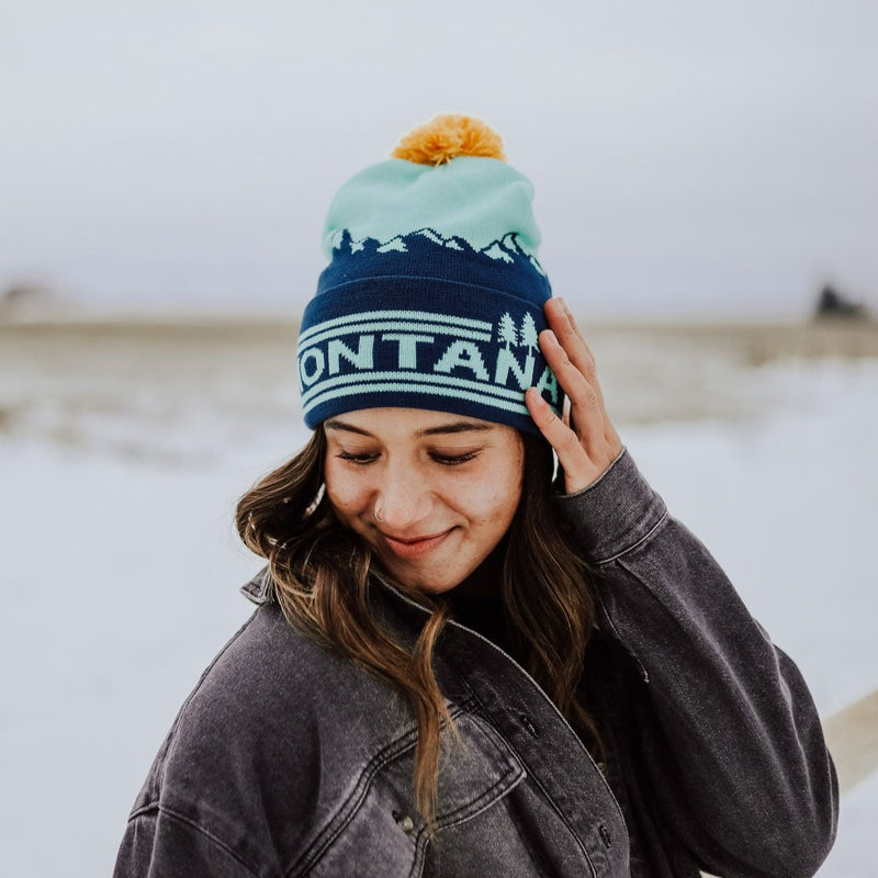 Montana Mountain Pom Beanie - Teal/Yellow