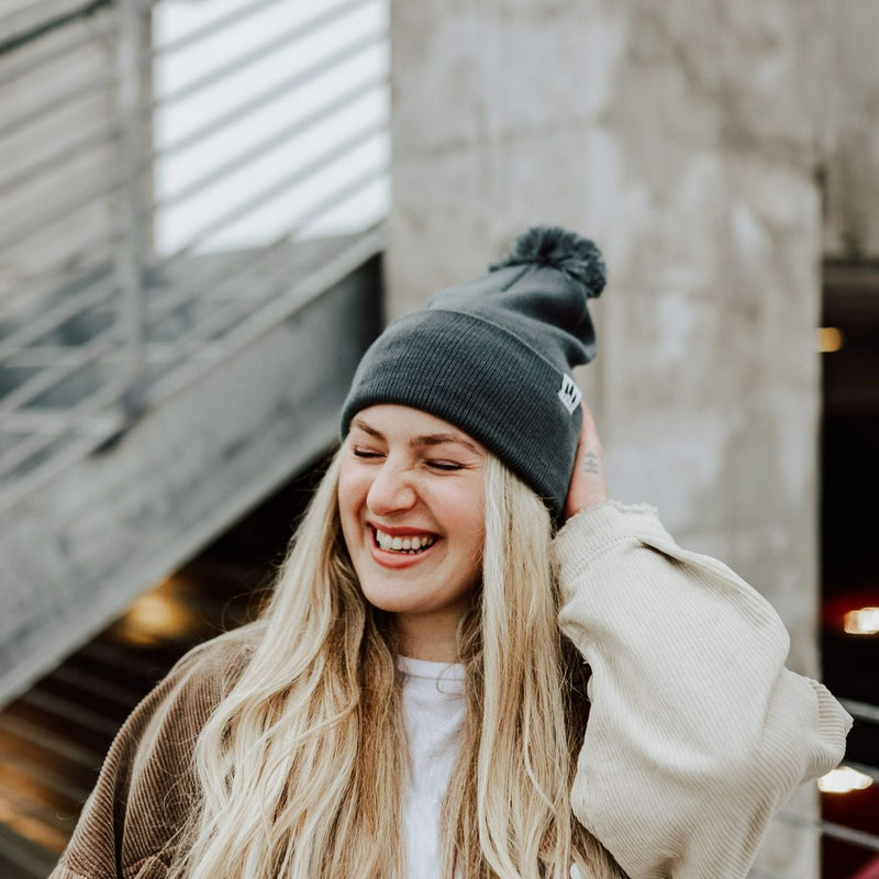 Three Tree Foldover Pom Beanie - Steel