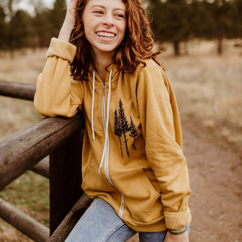 Rustic Three Tree Unisex Zip Hoodie - Mustard - The Montana Scene