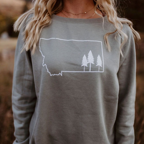 Montana Tree Outline Ladies Pullover - Sage - The Montana Scene