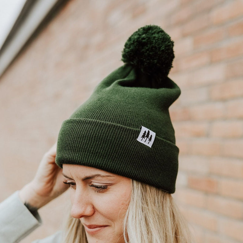 Three Tree Foldover Pom Beanie - Forest Green
