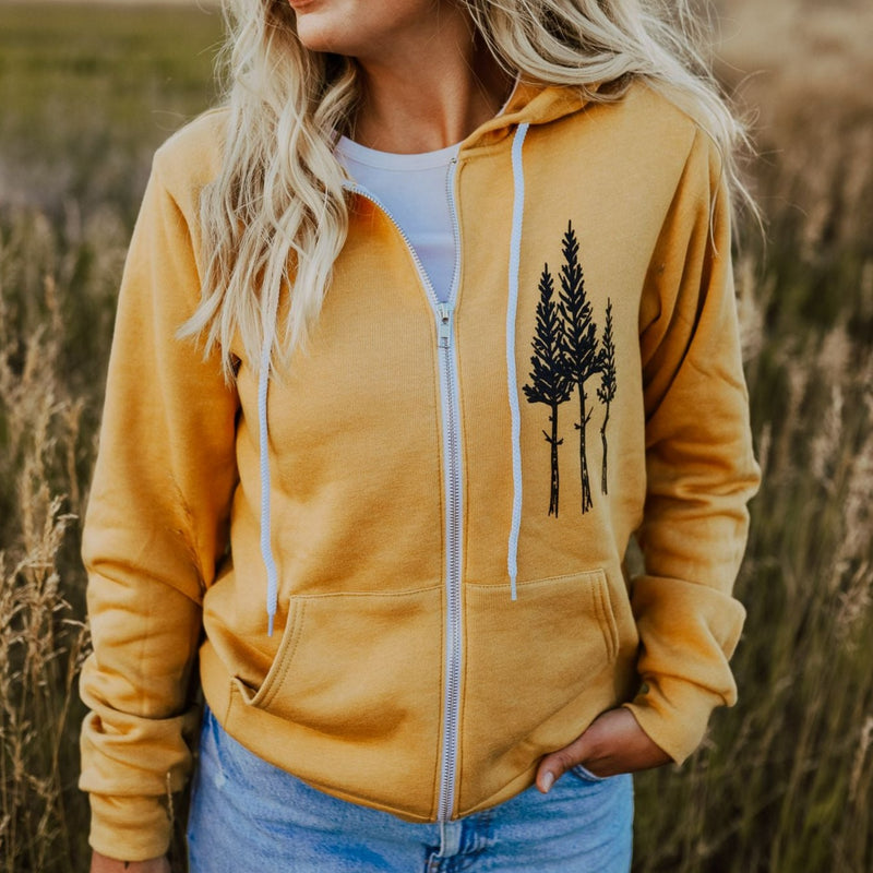 Rustic Three Tree Unisex Zip Hoodie - Mustard - The Montana Scene