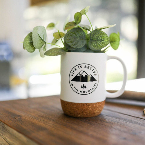 Life is Better in the Mountains Cork Mug - White
