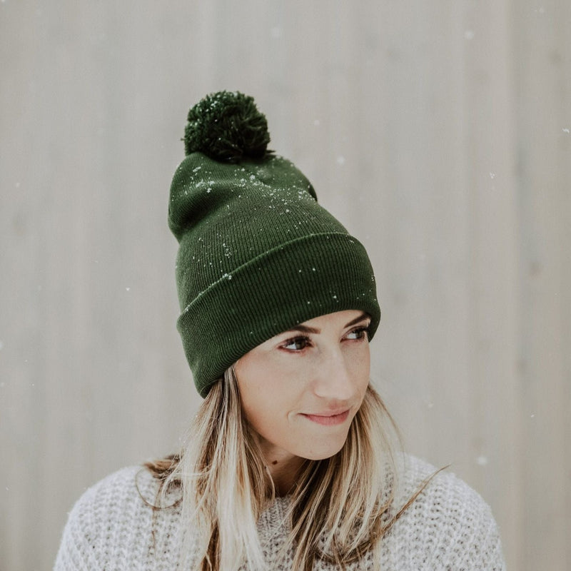 Three Tree Foldover Pom Beanie - Forest Green