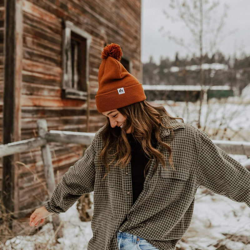 Three Tree Foldover Pom Beanie - Brown