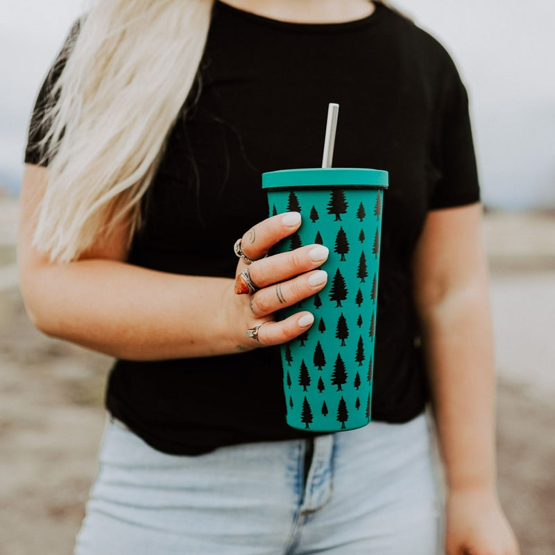 Pine Trees Stainless Steel Vacuum Tumbler - Mustard/Teal