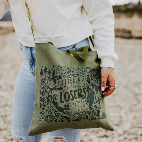 Littering is for Losers Canvas Tote Bag - Olive - The Montana Scene