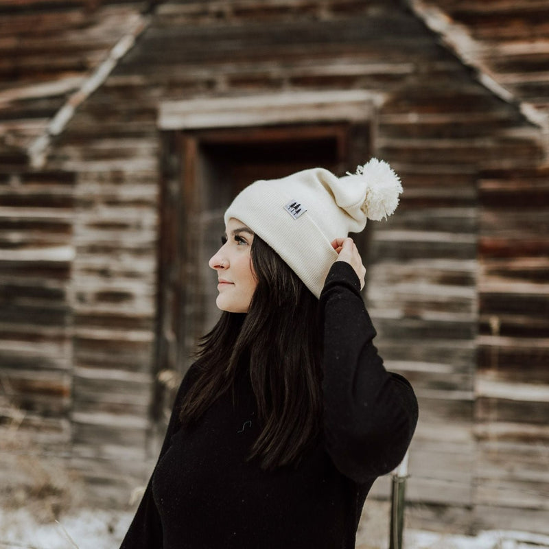 Three Tree Foldover Pom Beanie - Cream