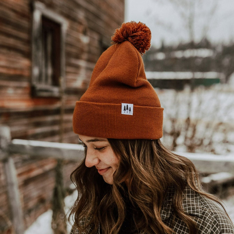 Three Tree Foldover Pom Beanie - Brown