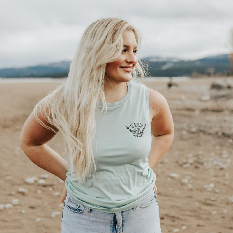 Take Me To the Wildflowers Ladies Muscle Tank - Dusty Blue - The Montana Scene