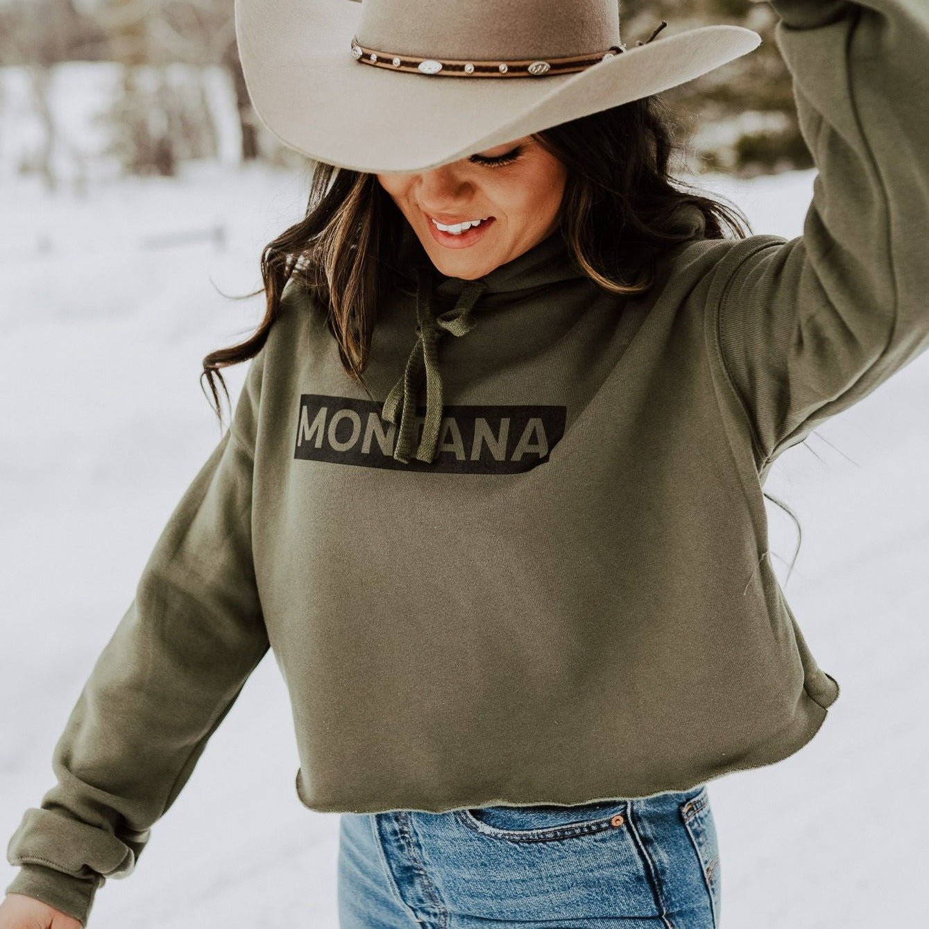 Montana Bar Ladies Cropped Hoodie - Olive | The Montana Scene