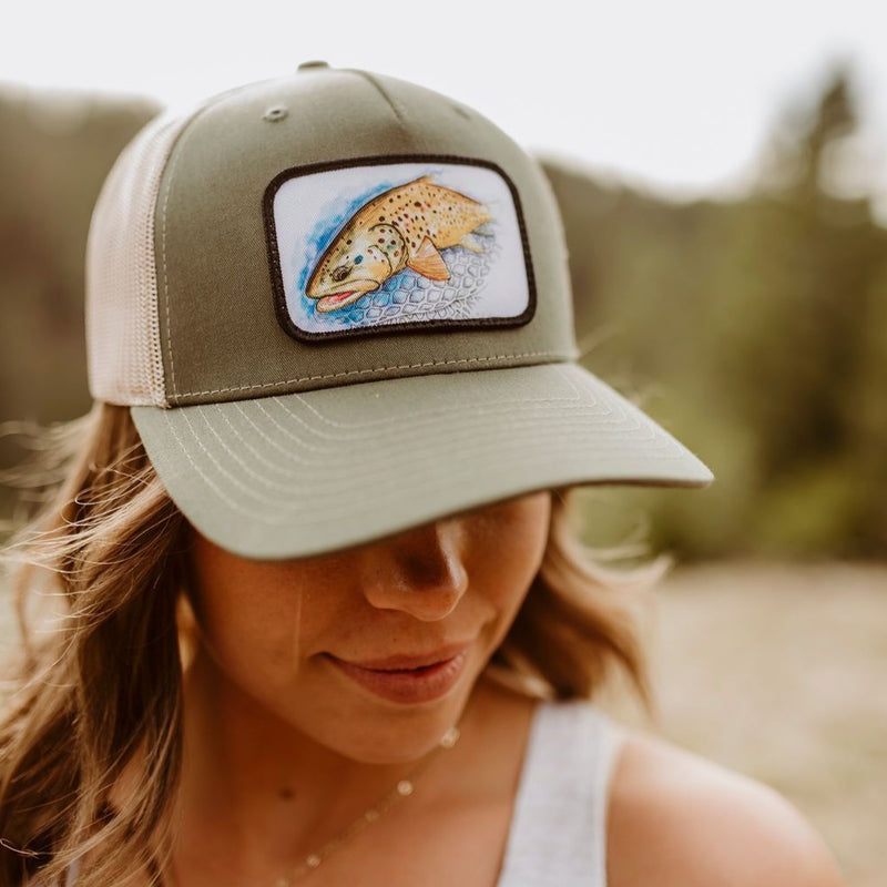 Fish Watercolor Trucker- Olive