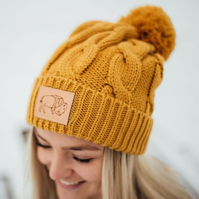 Bison Cable Knit Beanie - Mustard - The Montana Scene